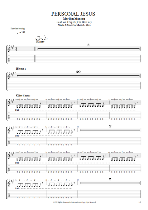 Personal Jesus Marilyn Manson guitar pro tab EGuitarIII Guitares et piste d'accompagnement mysongbook